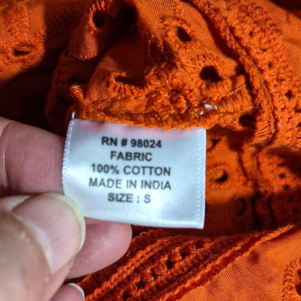 Jennifer Grace S Eyelet Orange Ruffle Button Bk Boho Festival Sheer Cottage Top - Picture 8 of 9